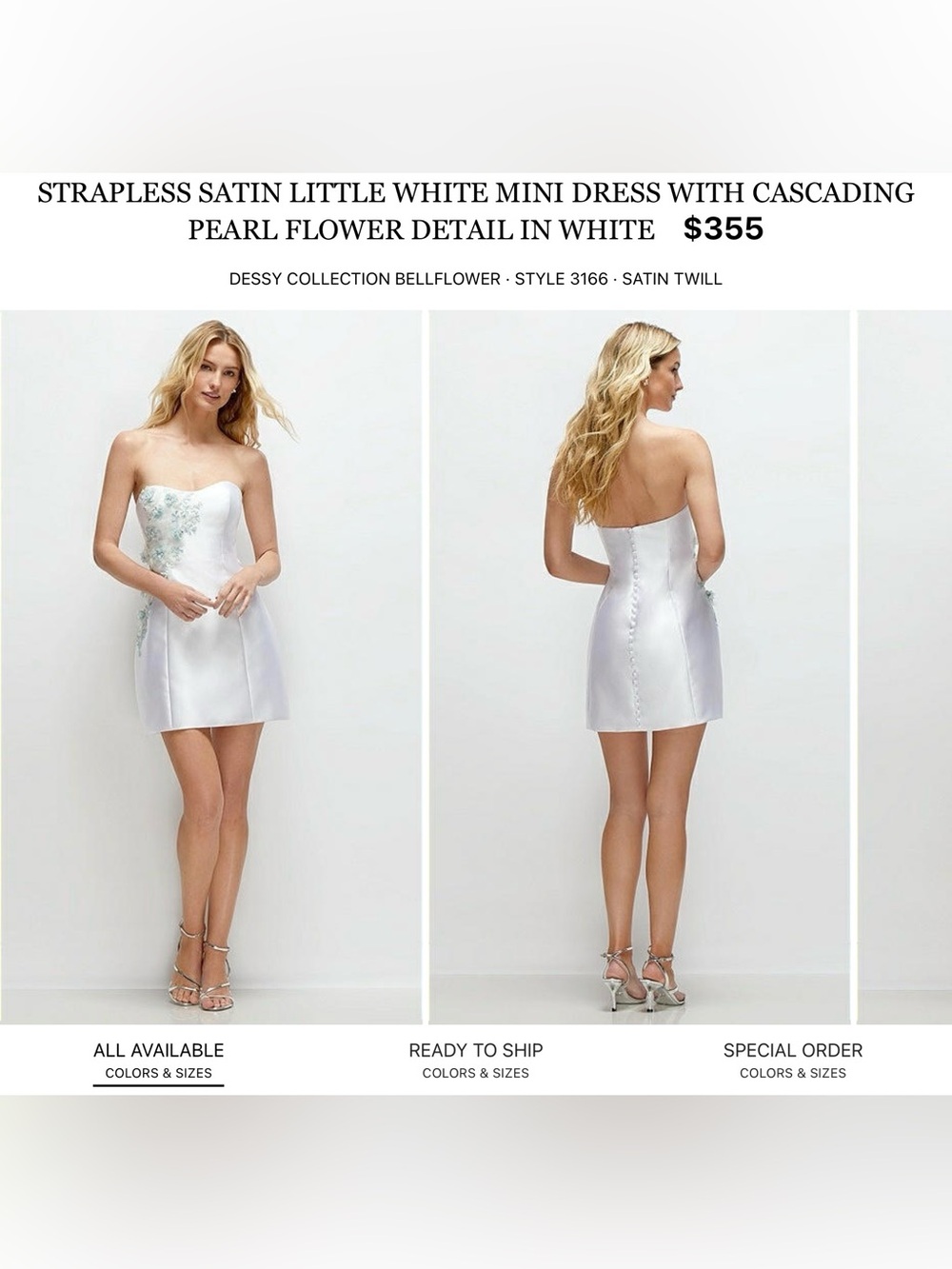 Dessy Collection Strapless White Satin Mini Dress with Pearl Floral Detail